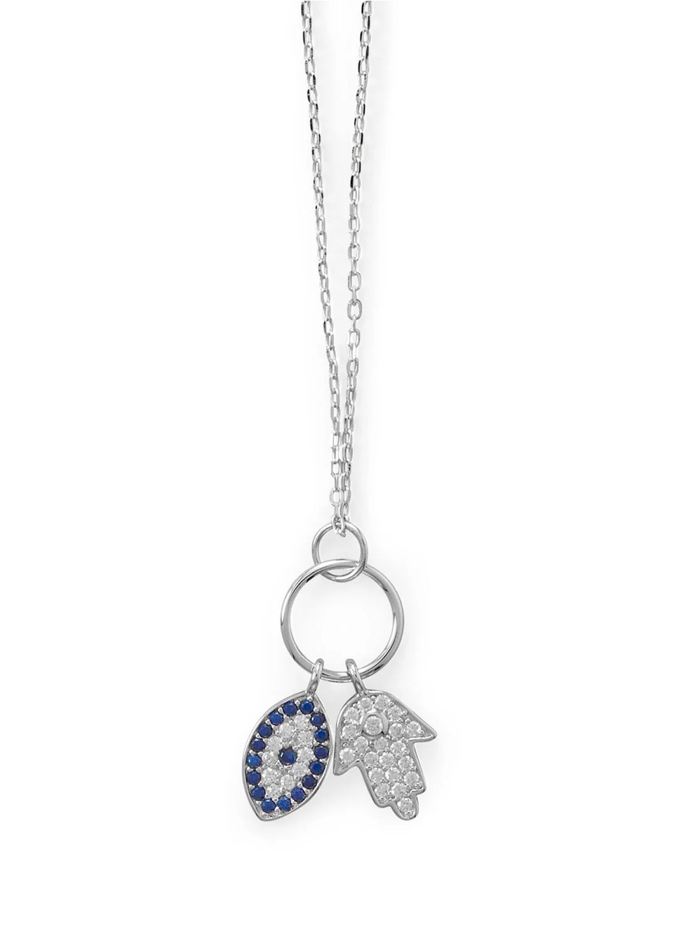 Sterling Silver Hamsa and Evil Eye CZ Necklace 16” + 2”